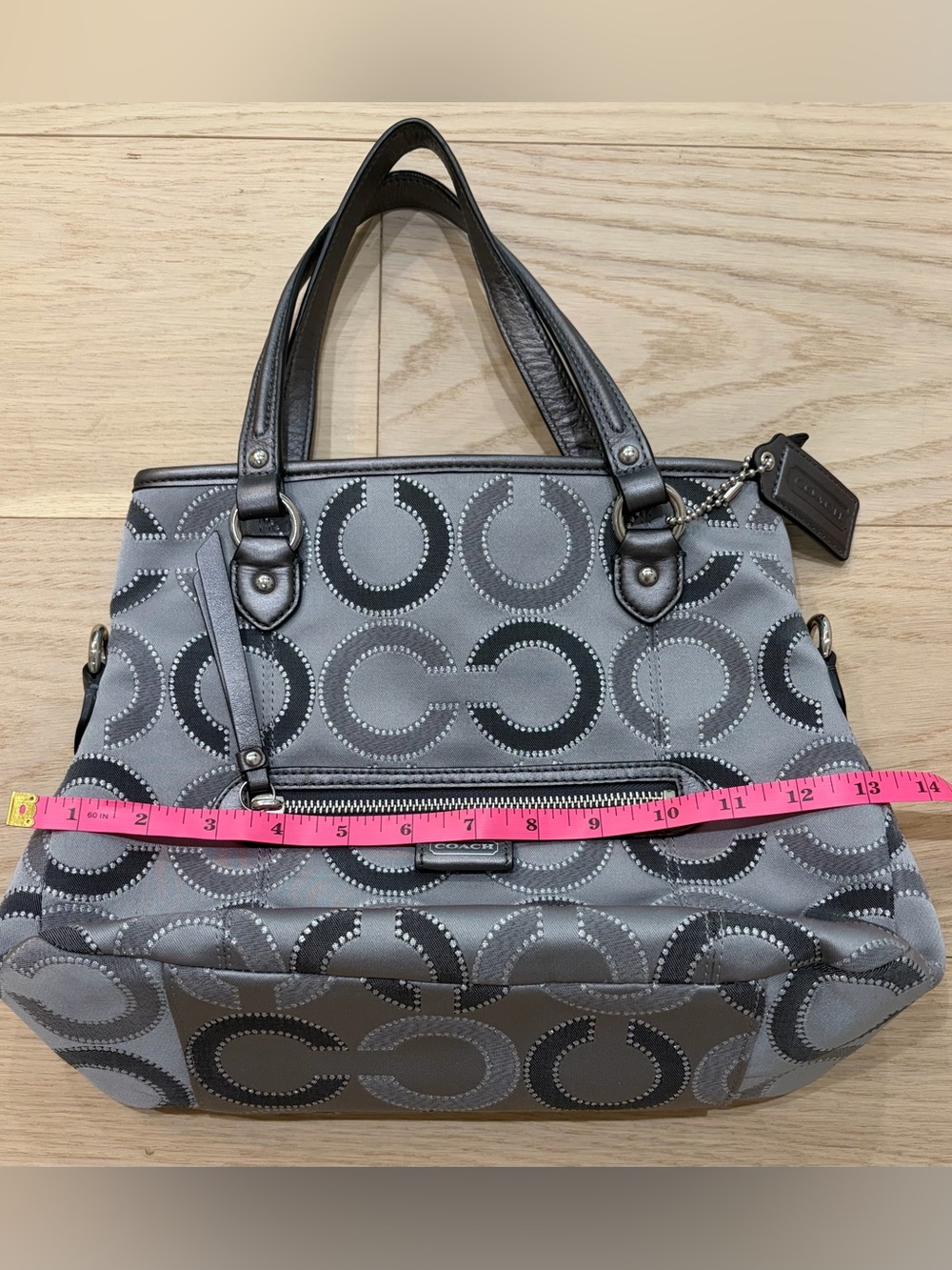 COACH Grey silver signature Op Art Jacquard leather shoulder tote bag - Picture 9 of 10